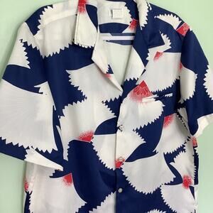 Vintage Pacifica Hawaii Hawaiian Floral Print Button Up Silky Shirt Patriotic